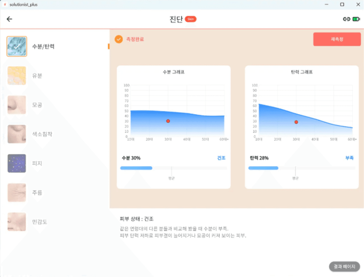 피부 수분 및 탄력 분석 결과
